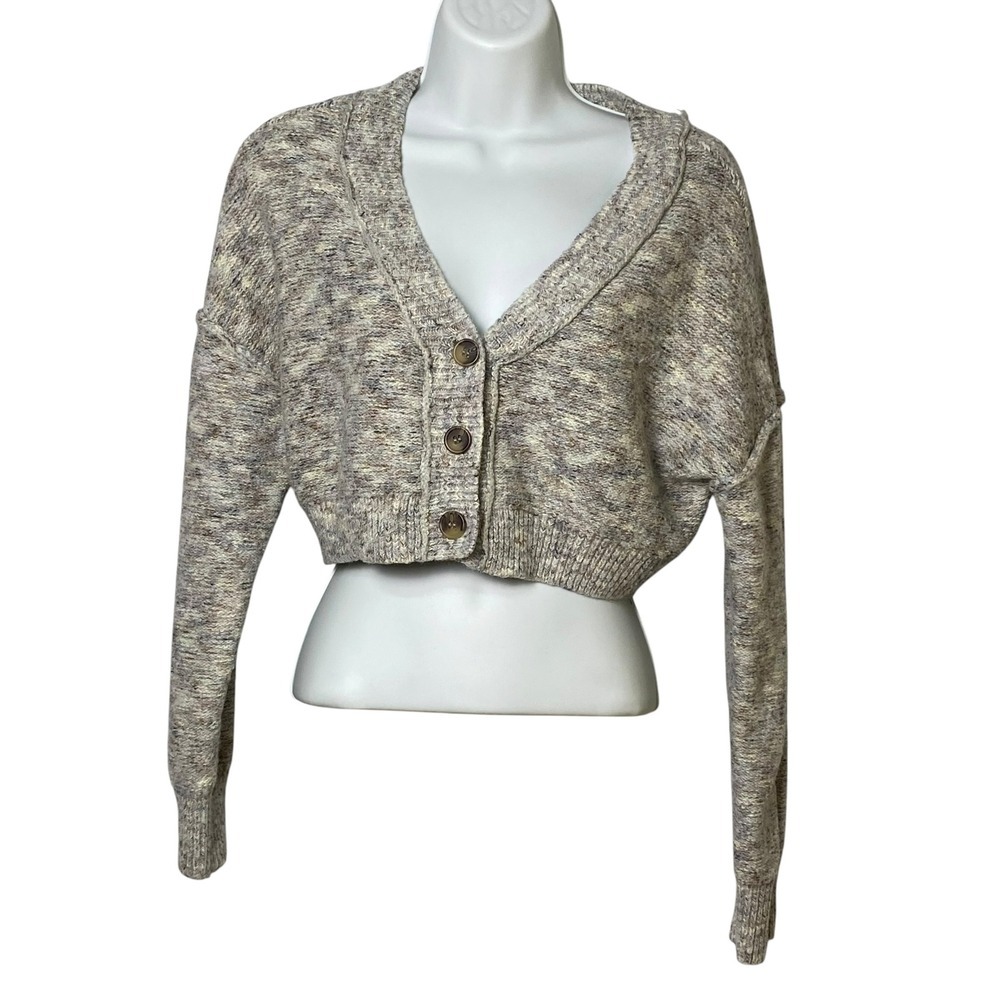 Garage Womens Small Cropped Cardigan Sweater Marled Grey V-Neck Button Front P/S